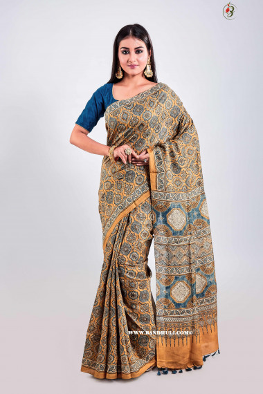 Organic Golden Color Hand Block Print Ajrakh Mulberry Silk Saree