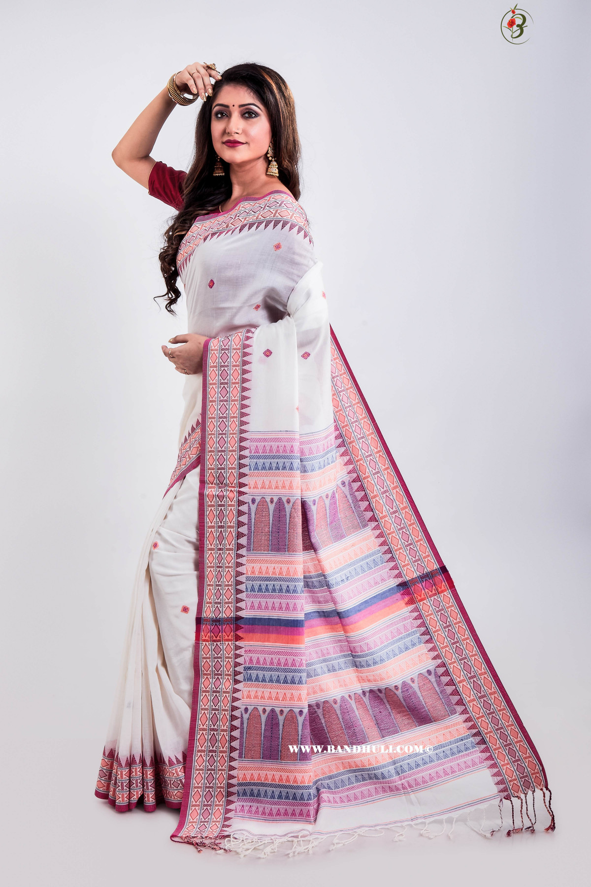 Milky white Cotton Dongria saree