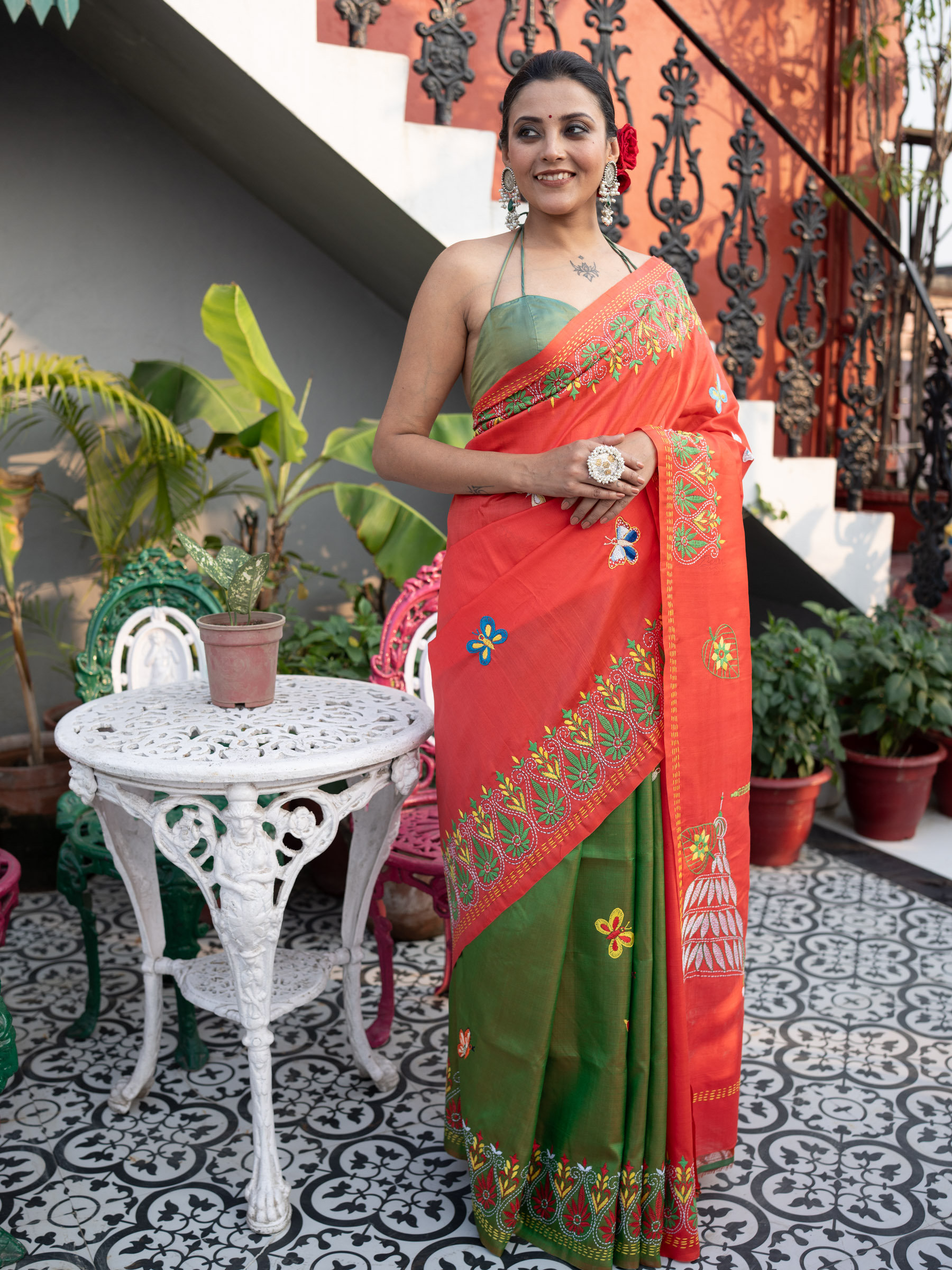 Red & Green Woven Pure Silk Cotton - BBS293