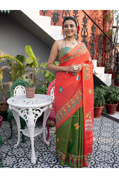 Red & Green Woven Pure Silk Cotton - BBS293