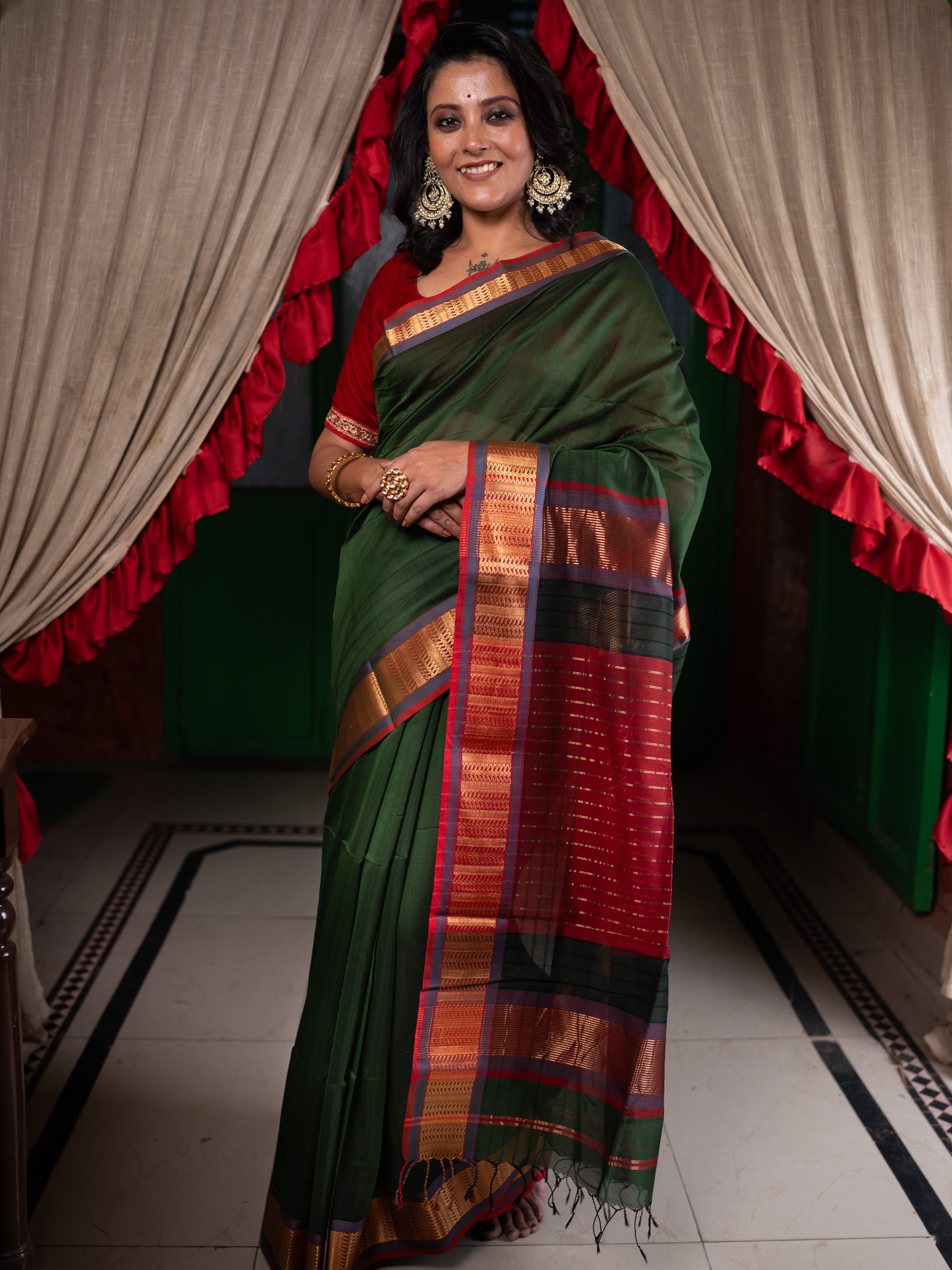 Bottle Green Woven Pure Silk Cotton - BBS70