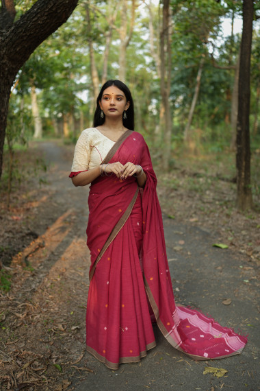 Maroon Hand Woven Cotton Jamdani  - BBS295