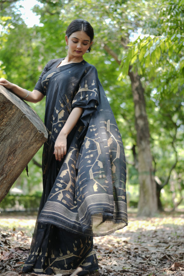 Black Hand Woven Cotton Jamdani  - BBS300
