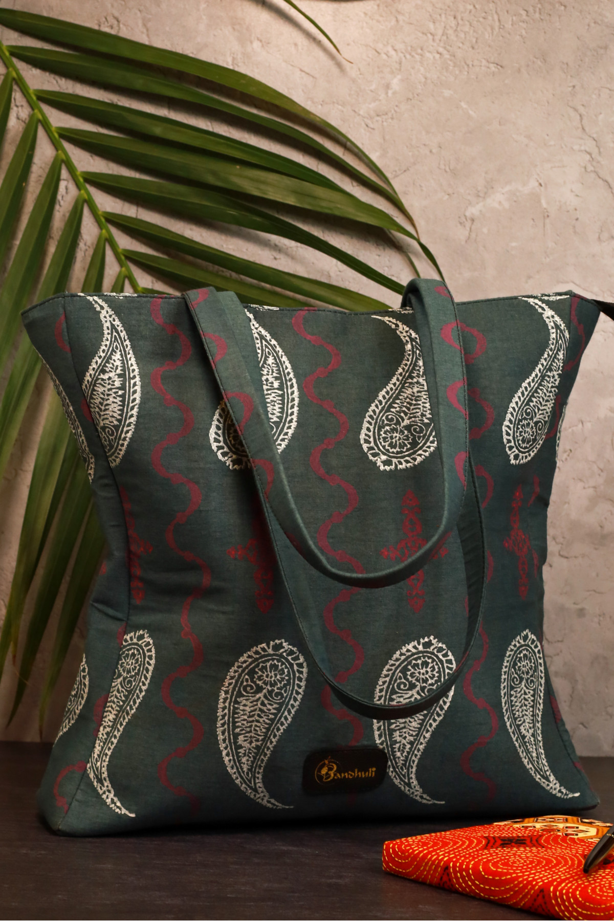 Deep Slate Color Kalka Design Hand Block Fabric Tote Bag With Zip