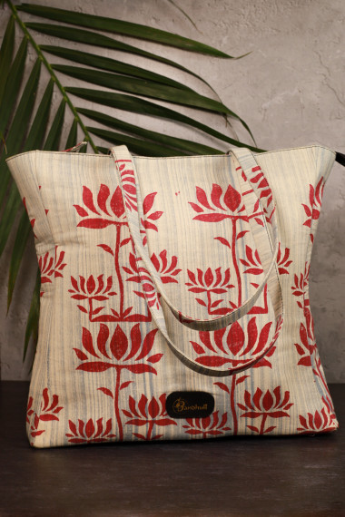 Lotus Motif Hand Block Fabric Tote Bag With Zip