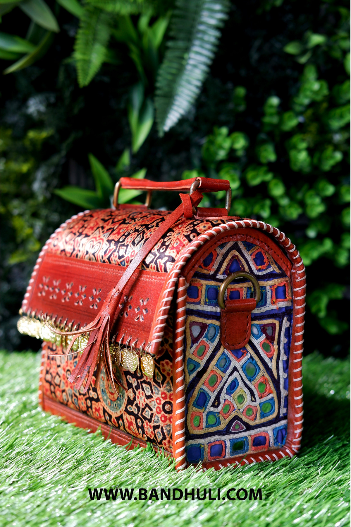 Handcrafted Vintage Genuine Leather & Masru Silk Box Sling Bag