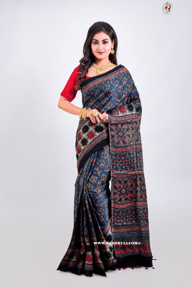 Organic Indigo Color Hand Block Print Ajrakh Modal Silk Saree