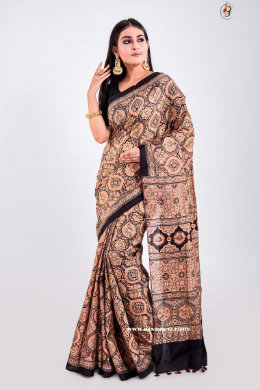 Organic Light Brown Color Hand Block Print Ajrakh Mulberry Silk Saree 