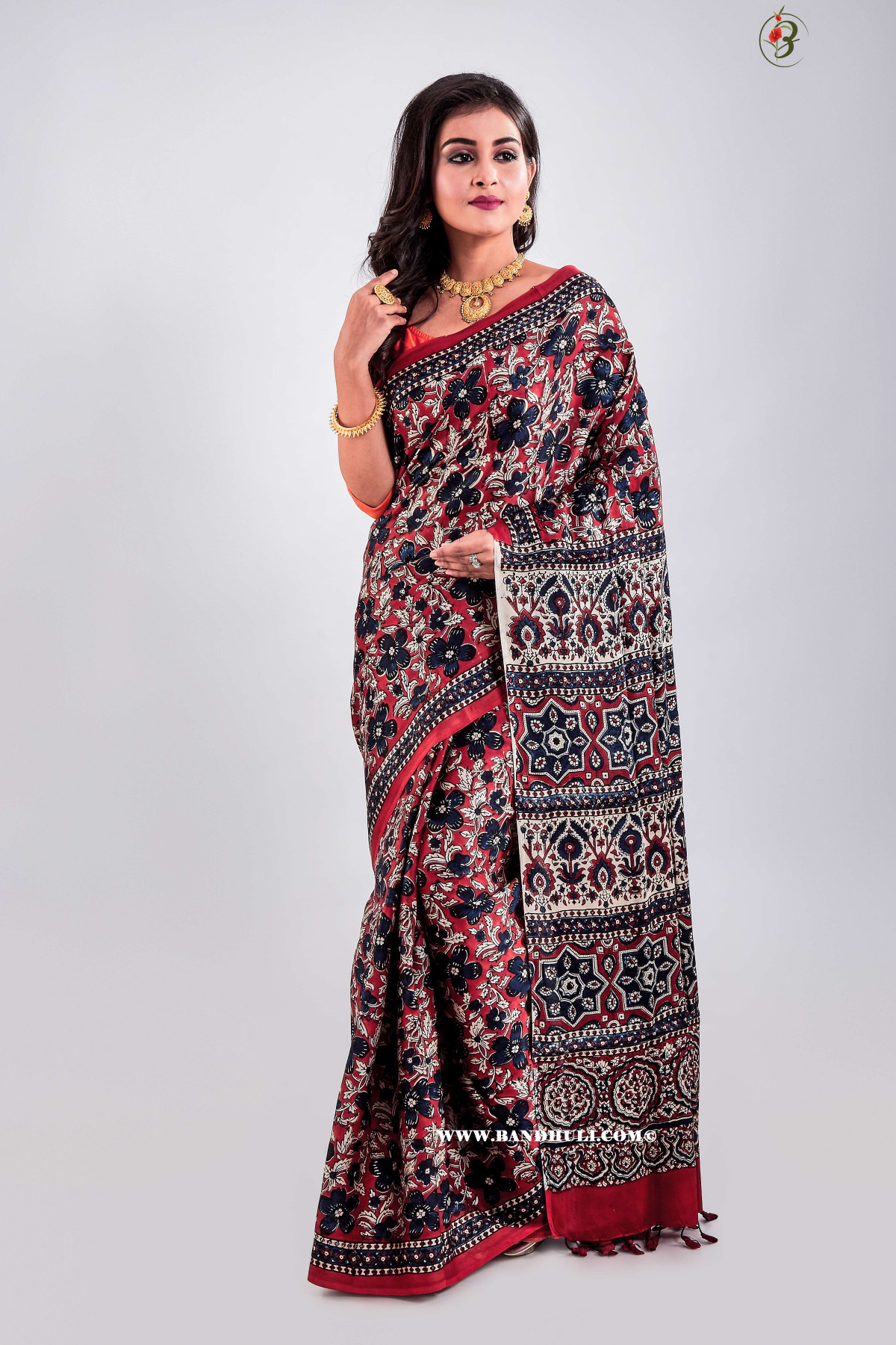 Rose - Floral Hand Block print Ajrakh Silk Saree