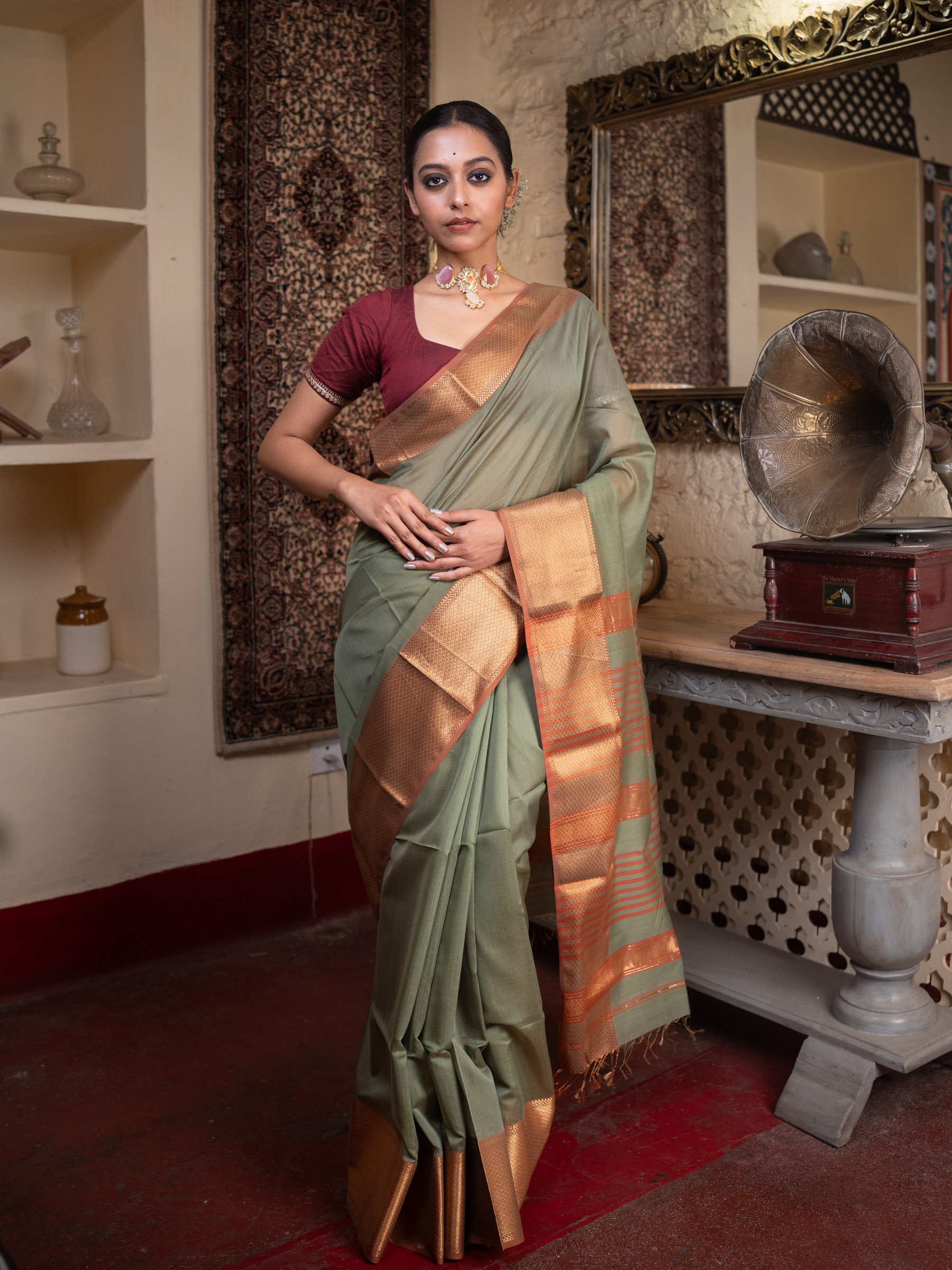 Light Olive Green Woven Pure Silk Cotton - BBS73