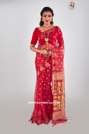 Red Floral Design Jamdani Saree