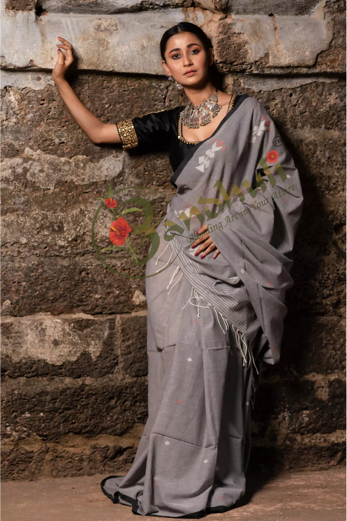 Pure Tussar Ghicha Silk Saree in Ash Shade with white handblock prints -  Vastrams